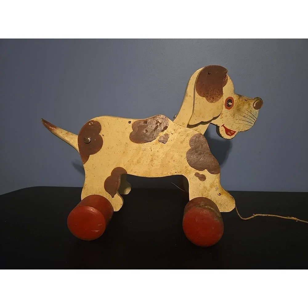 Vintage Antique Playful Dog Pup Pull Toy Dog Wagging Moving Tail And Ears